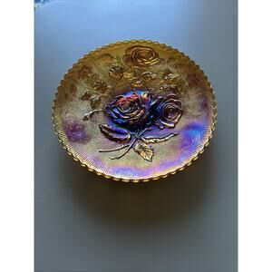 Vintage Imperial Glass Co Open Rose Pattern #489 Marigold Carnival Dish Amber